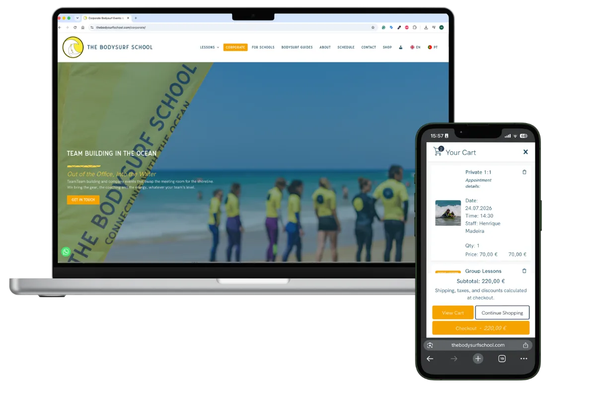 O site da The Bodysurf School no computador e no telemóvel, com a página para empresas e o carrinho de reservas
