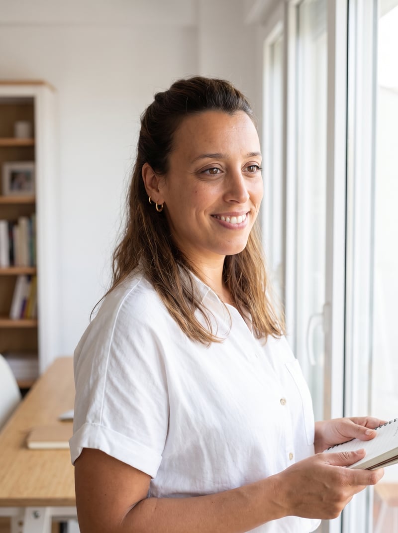 Maria Madeira standing by a window holding a notebook